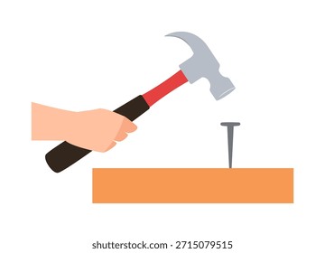 Hand Holding Hammer Preparing to Strike Nail into Wooden Plank Simple Flat Style Graphic Illustration