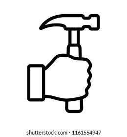 Hand holding hammer to repair or fix things line art vector icon for apps and websites