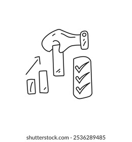 A hand holding a hammer strikes a block, with ascending bar graphs and a checklist, symbolizing progress and achievement in a business context.