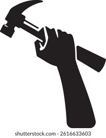 Hand holding a hammer, a symbol of construction and labor, A simple, bold graphic of a hand holding a hammer.