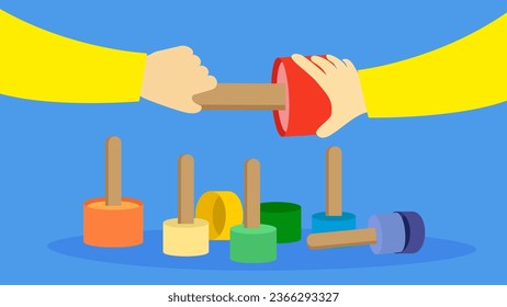 Hand holding a hammer. Vector illustration in a flat style on a blue background.