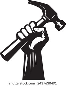 Hand holding hammer vector illustration icon. Symbol element for May Day or Labour Day. Repair and maintenance concept.