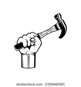 Hand holding hammer vector line art.