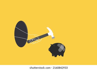 A hand holding a hammer which is raised above a pink bank. risky position and Financial crisis concepts.