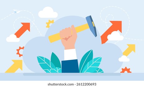 Hand Holding Hammer for Woodworker Construction. Businessman Arm Raised Up With Hand Holding Sledge Hammer Tool For Forging Steel Construction And Rock Demolition. Vector illustration