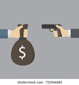 Hand holding a handgun for robbery and another hand offering money bag. Robbery concept