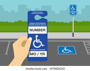 Hand holding a handicap placard. Disabled parking permit identification card. Flat vector illustration template.