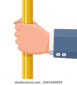 Hand holding the handrail in transport. Handles for safety transportations of passengers in bus, metro, train. Straight yellow handle and hand isolated on white. Cartoon flat vector illustration