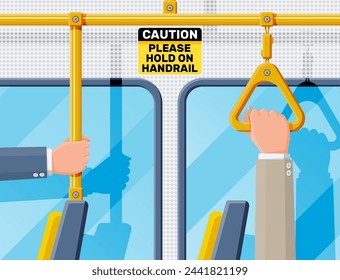 Hand holding handrail in transport. Handles for safety transportations of passengers in bus, metro, train. Straight and triangle yellow handle. Seats, windows and handrail. Flat vector illustration