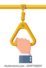 Hand holding the handrail in transport. Handles for safety transportations of passengers in bus, metro, train. Triangle yellow handle and hand isolated on white. Cartoon flat vector illustration