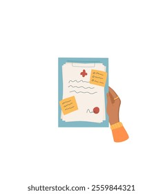 Hand holding a handwritten letter and note on paper with envelope. Creative document with flat design, icon of message and correspondence. Suitable for communication stationery themes.