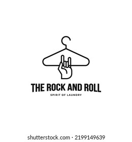 Hand holding hanger with rock and roll finger gesture clothing laundry hipster logo design concept vector illustration