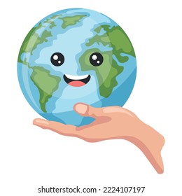 Hand holding happy cartoon earth planet for earth day, national pollution prevention day, world environment day. Concept of prevention against environmental pollution and care of our planet