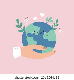 Hand holding happy Earth planet on pink background. Vector Illustration for eco designs