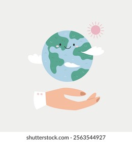 Hand holding happy Earth planet. Vector Illustration for eco designs