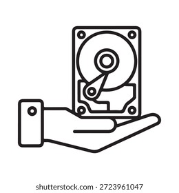 Uma mão segurando um ícone de tecnologia e armazenamento de dados do disco rígido