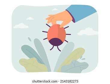 Hand holding harmful bug flat vector illustration. Dangerous beetle or pest for plants. Damage, problem, protection, prevention concept for banner, website design or landing web page