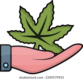 Concepto de la hoja de hash para la retención de mano, diseño de iconos de vectores de Hemp Plant Care, símbolo de cannabis y marihuana, signo de thc y cbd, ilustración recreativa de la población de drogas de origen vegetal