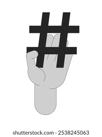 Mão segurando hashtag ilustração de contorno. Categorizar conteúdo nas mídias sociais. Frase de palavra-chave em microblog. Símbolo de marca de hash isolado de imagem vetorial 2D em preto e branco. clip-art de desenho monocromático