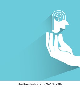 hand holding head with question mark on blue background, flat and shadow theme