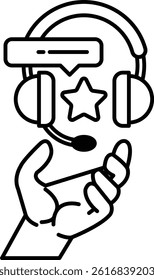 A hand holding a headset with a star and a speech bubble