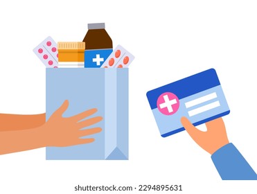 Hand holding health insurance card and medicine in flat design on white background.