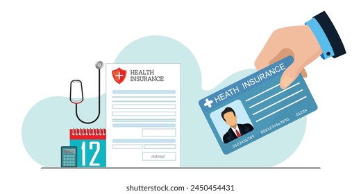 Hand holding health medical insurance cards, Medical insurance cards holding in hand isolated on background. Medical service conceptual Vector illustration. 