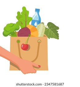 Mano sosteniendo una bolsa de comida saludable. Comprando comida. Bolsa de papel con comida. Entrega de alimentos. Diseño plano de ilustración vectorial. Aislado sobre fondo blanco.