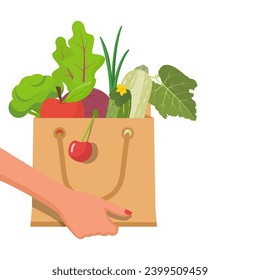 Hand holding healthy food bag. Shopping food. Paper bag with food. Food delivery. Vector illustration flat design. Isolated on white background.