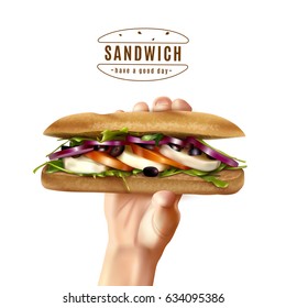 Mano sosteniendo sano sándwich multigrano con lechuga mozzarella cebolla de tomate publicidad realista carteles de fondo blanco ilustración vectorial 