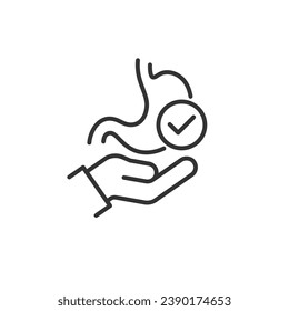 Hand holding healthy stomach vector line icon. Gastroenterology healthcare symptom examination treatment concept.