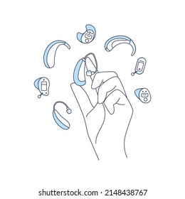 Hand holding hearing aid.Deafness concept.Choice between different hearing aids styles.Simple vector illustration.