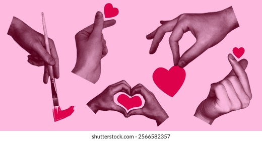 Hand Holding Heart Art Collage Set Setting Isolated. Background Love Heart Print Graphic Design Abstract. Card Poster Banner