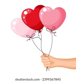 Mano sosteniendo globos cardíacos. Cartel de saludo Feliz cumpleaños, Feliz Día de San Valentín. Vector