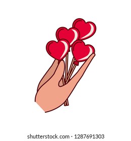 hand holding heart balloons isolated icon