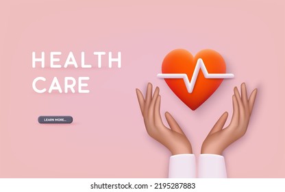 Hand holding heart with beat monitor pulse line. Art icon for medical apps and websites. Heart pulse, heartbeat lone, cardiogram. 3D Web Vector Illustrations. 