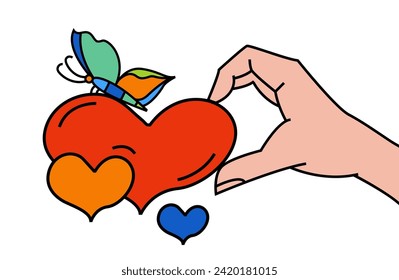 A hand holding a heart with a butterfly. Colorful element in a bold pop art style. Zero discrimination day. Full productive life, solidarity concept. Vector illustration isolated on white background
