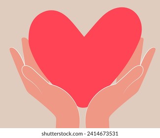 Manteniendo el corazón con cuidado.  Ilustración vectorial, icono o logotipo, elemento para el diseño o una huella de moda. Ilustración vectorial, icono o logotipo, elemento para el diseño o una huella de moda.