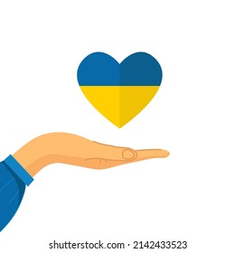 A hand holding a heart in the colors of the Ukrainian flag Support for Ukraine. Help concept. No war. Vector flat illustration. Isolated.