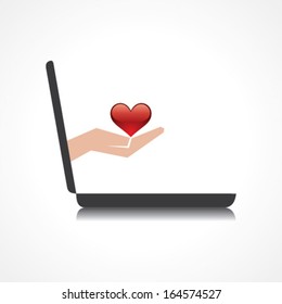 hand holding heart comes from laptop screen stock vector