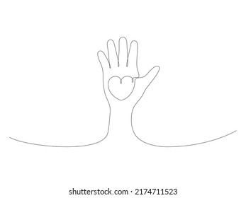 Hand holding heart continuous one line drawing. Vector isolated on white.