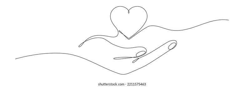 Hand holding heart continuous one line drawing. Love concept. Vector isolated on white.	