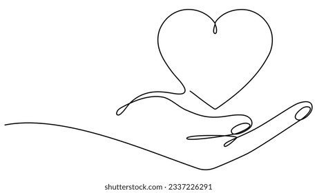 Hand holding heart continuous one line drawing. Love concept. Vector illustration isolated on white.