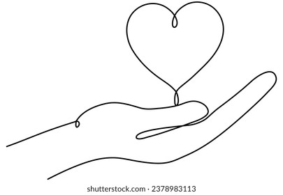 Mano sosteniendo el corazón en un plano continuo de una línea. Concepto lineal de donación de caridad. Vector aislado en blanco.