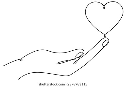 Mano sosteniendo el corazón en un plano continuo de una línea. Concepto lineal de donación de caridad. Vector aislado en blanco.