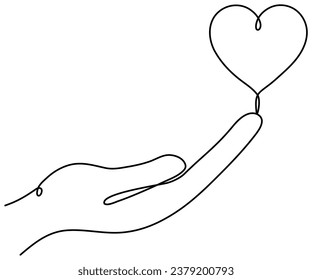 Hand, die Herz kontinuierlich eine Linie zeichnen. Lineares Konzept der Wohltätigkeitsspende. Vektorgrafik einzeln auf Weiß.