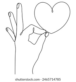 Hand halten Herz durchgehend eine Linie Zeichnung. Liebeskonzept. Wohltätigkeitssymbol. Vektorillustration isoliert auf Weiß.
