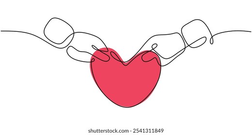 Hand holding a heart in a continuous one line drawing. Love concept. Minimalist hand-drawn vector illustration.