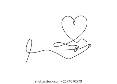 Hand holding heart continuous one line drawing. vector illustration.
