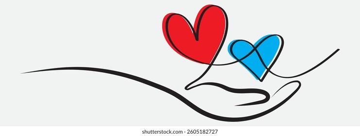 Hand holding heart continuous one line drawing. Love concept. Vector illustration isolated on white.